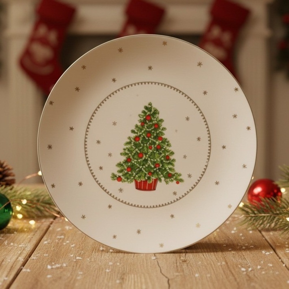 George Good Christmas Tree Plate/Platter 10-3/8" Gold Trim  Snowflakes Festive *